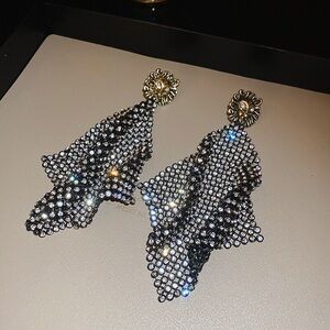 Crystal Mesh Drop Earrings in Black and Silver